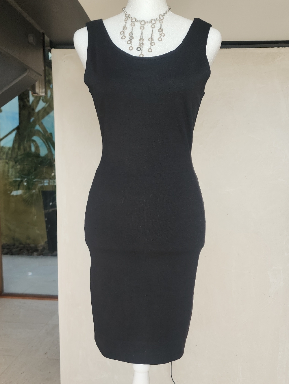 Classic Black Sleeveless Bodycon Dress, Deep V back With Satin Ribbon Bow.